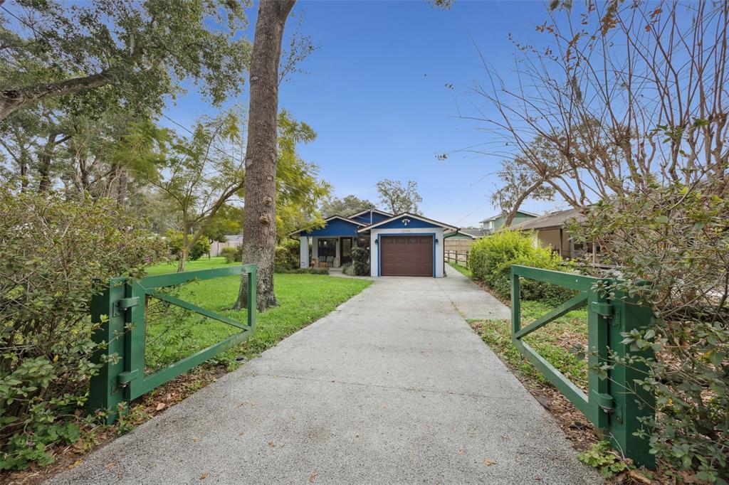 A blue house with a brown garage door sits at the end of a concrete driveway — 30904 DEAL DRIVE, SORRENTO, FL