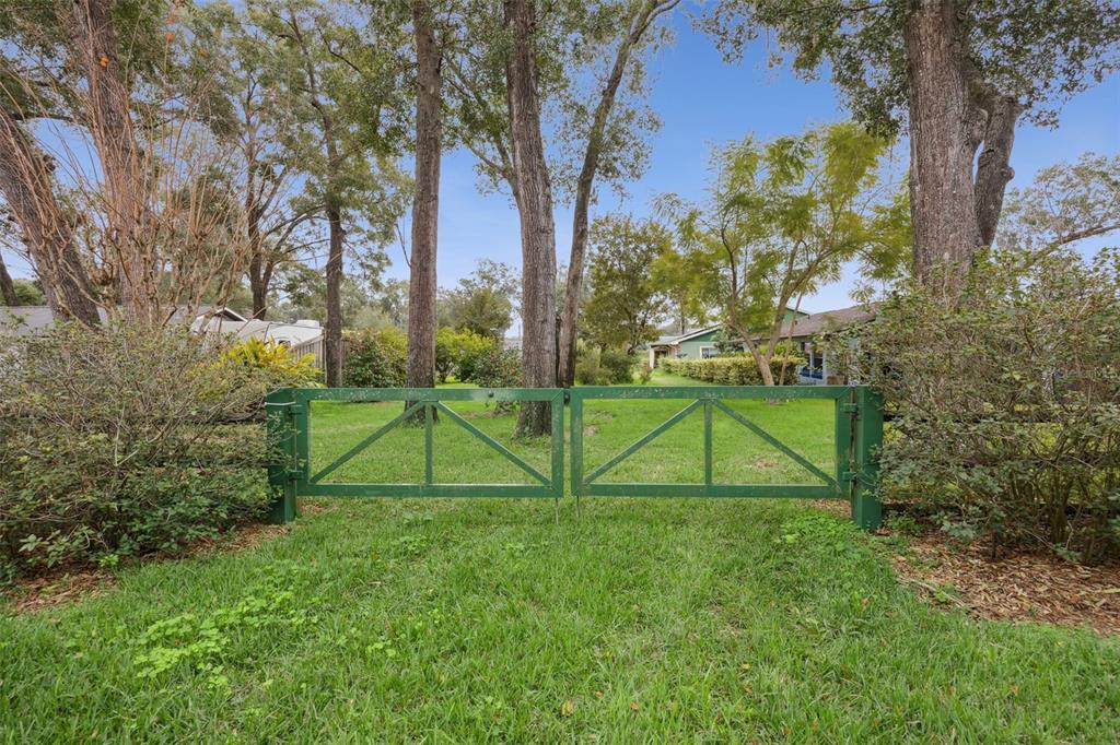 A green wooden gate stands in a grassy yard surrounded by trees and shrubs — 30904 DEAL DRIVE, SORRENTO, FL
