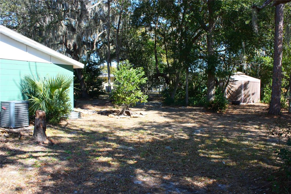 A backyard area features a green house wall, a central tree, and a small gazebo — 2071 CANAL ROAD, DELTONA, FL