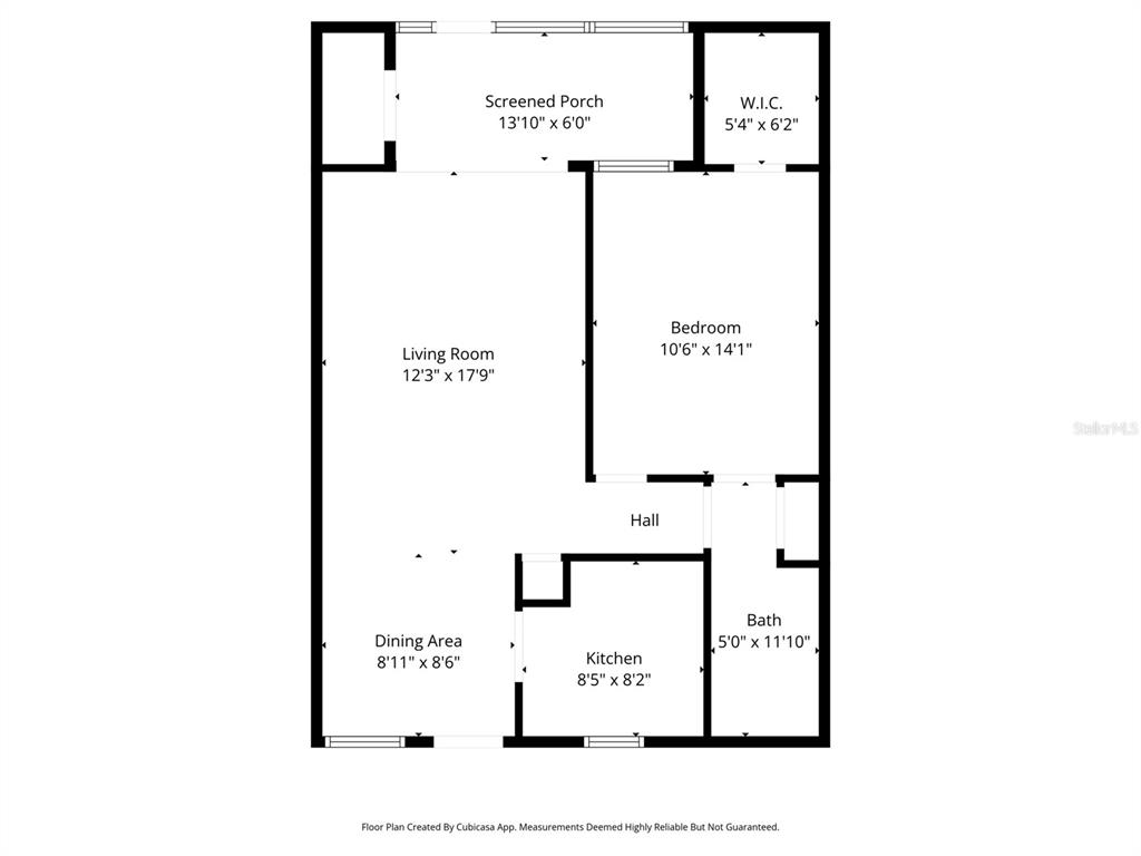 This is a floor plan for a one-bedroom apartment with a screened porch — 5154 TURQUOISE LANE UNIT 106, NEW PORT RICHEY, FL