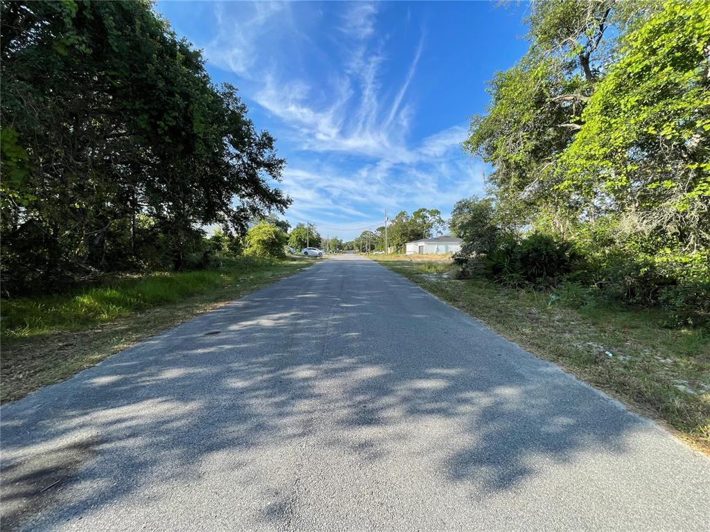 A paved road stretches forward between dense trees under a bright blue sky — 1613 TENCH COURT, POINCIANA, FL
