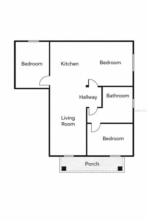This is a floor plan showing a house with three bedrooms, a kitchen, and a porch — 2102 E CARACAS STREET, TAMPA, FL