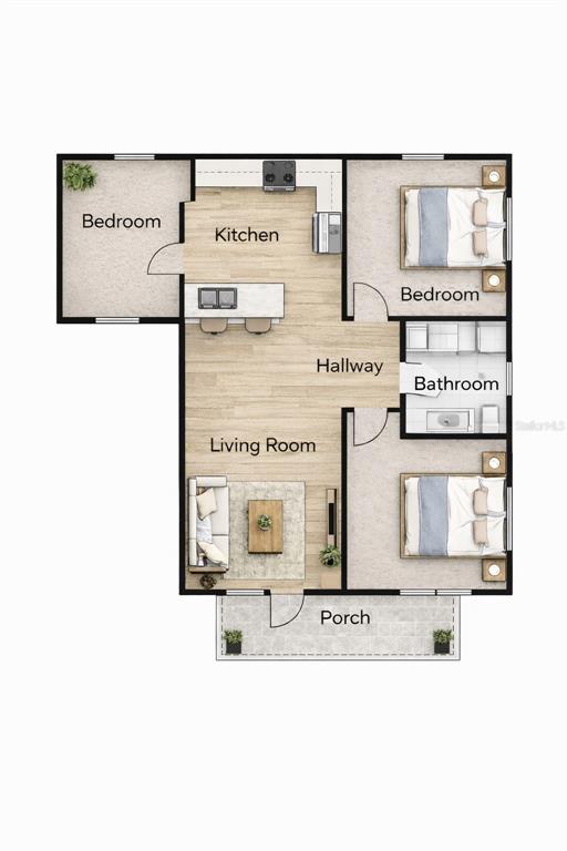 This is a 2D floor plan rendering of a three-bedroom apartment with a central living area — 2102 E CARACAS STREET, TAMPA, FL