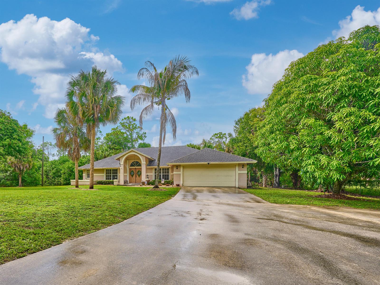 A single-story house with a beige exterior, a two-car garage, and palm trees in front — 16405 90th Street N, FL 33470, FL