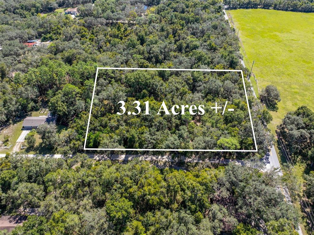 An aerial view shows a rectangular, wooded plot of land marked as 3.31 acres — 11420 E STEAMBOAT DRIVE, FLORAL CITY, FL