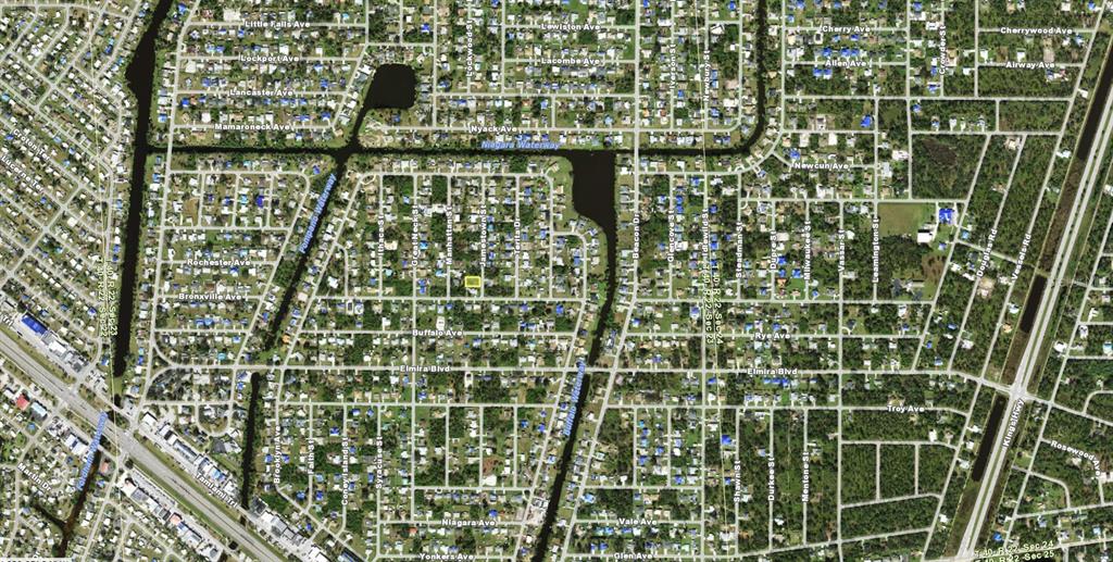 This is an aerial map view of a residential neighborhood with a highlighted property lot — 3327 JAMESTOWN STREET, PORT CHARLOTTE, FL