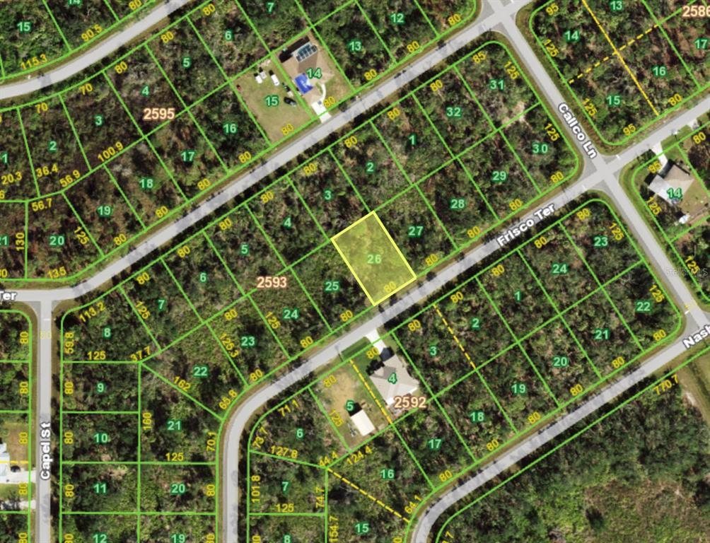 This is a satellite map showing a highlighted vacant residential lot in a suburban neighborhood — 1529 FRISCO TERRACE, PORT CHARLOTTE, FL