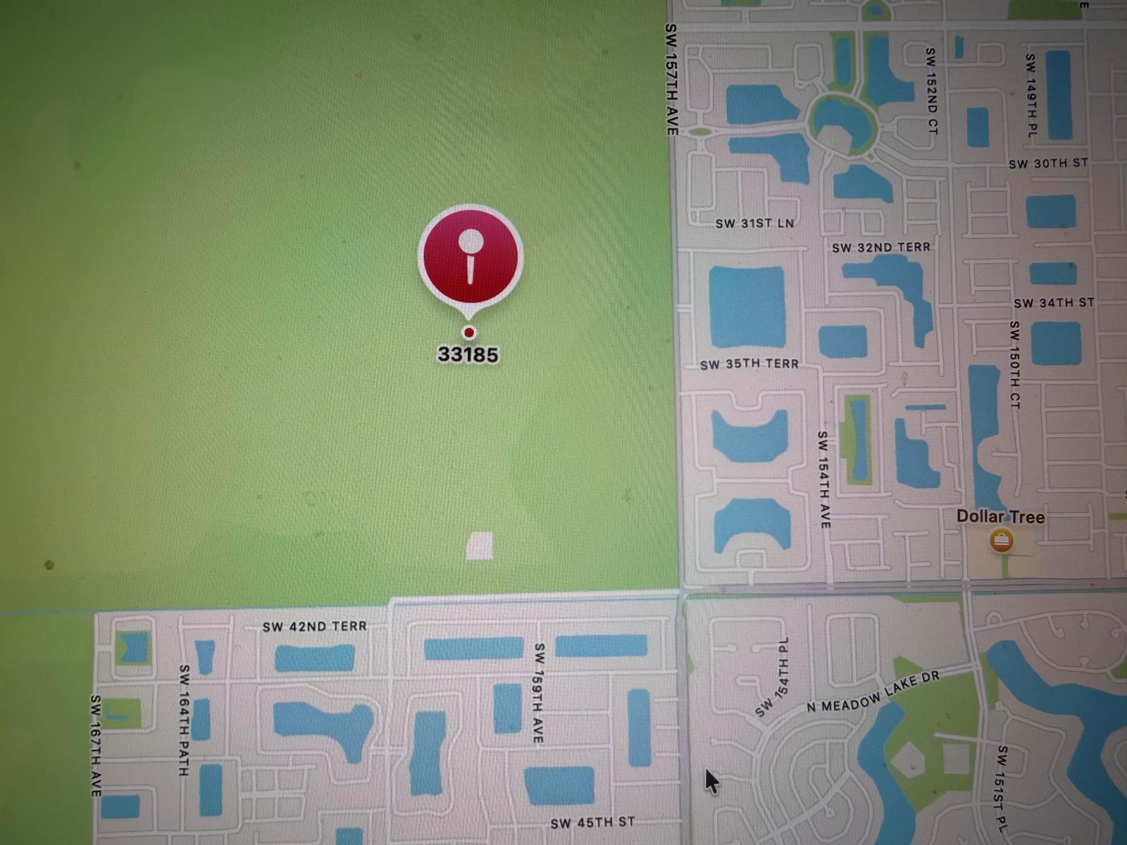 This is a map showing a location pin in the 33185 area — 32 Street SW 162 Avenue, FL, FL