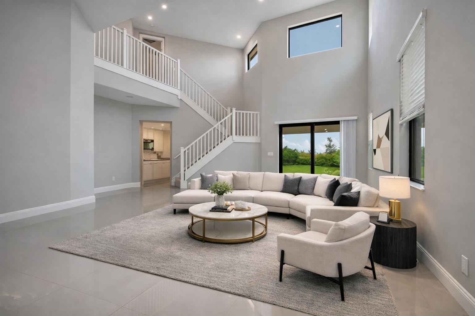 A spacious living room with a high ceiling, white staircase, sectional sofa, and tile flooring — 12175 N Baypoint Circle, Parkland FL 33076, PARKLAND, FL