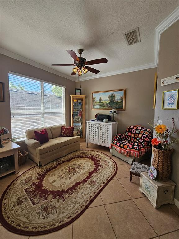 A living room features a beige sofa, a patterned armchair, and an oval area rug — 25147 IRONWEDGE DRIVE, SORRENTO, FL