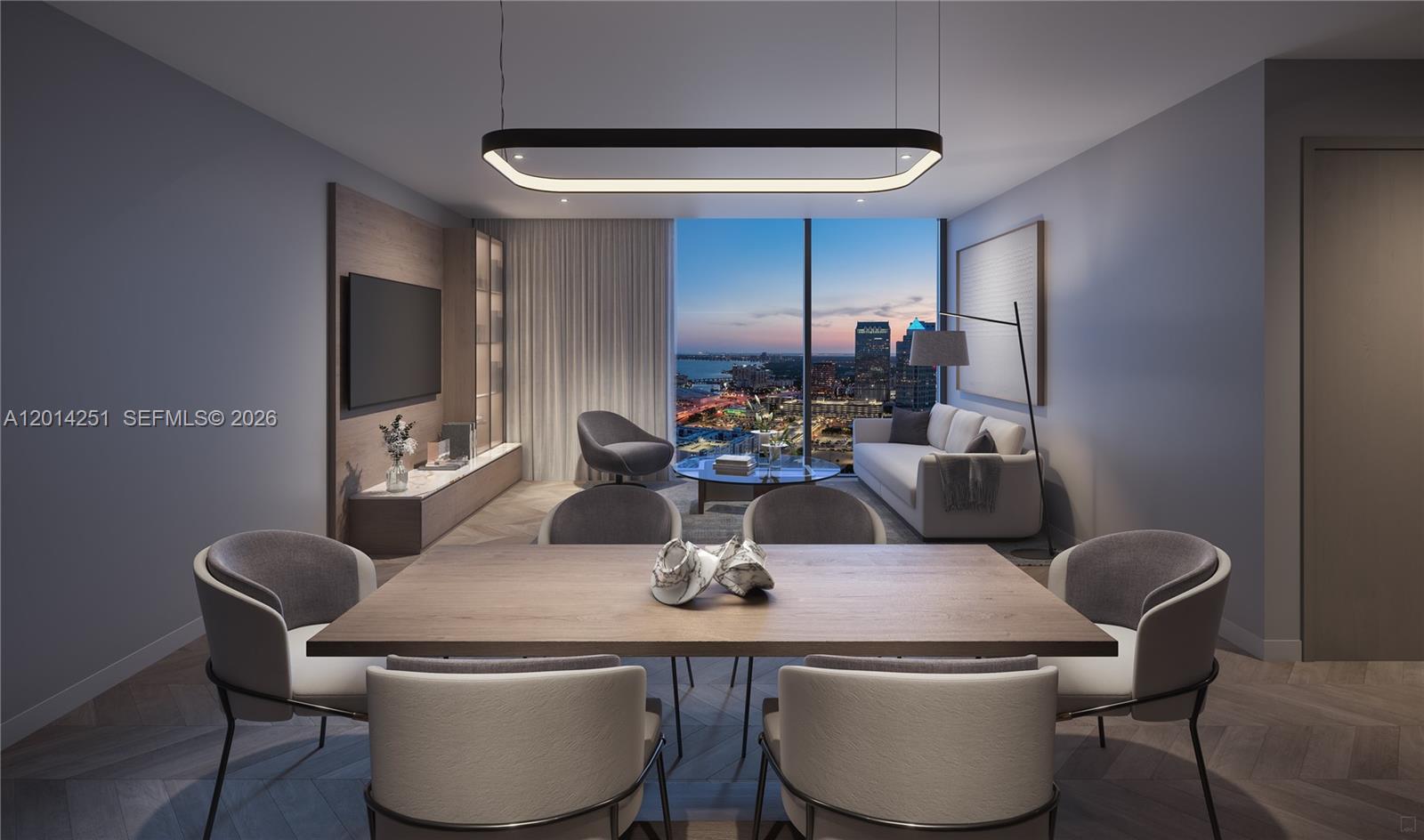 This rendering shows a modern dining and living area with floor-to-ceiling windows overlooking a city — 1101 E Jackson St # 1810, Tampa FL 33602, TAMPA, FL