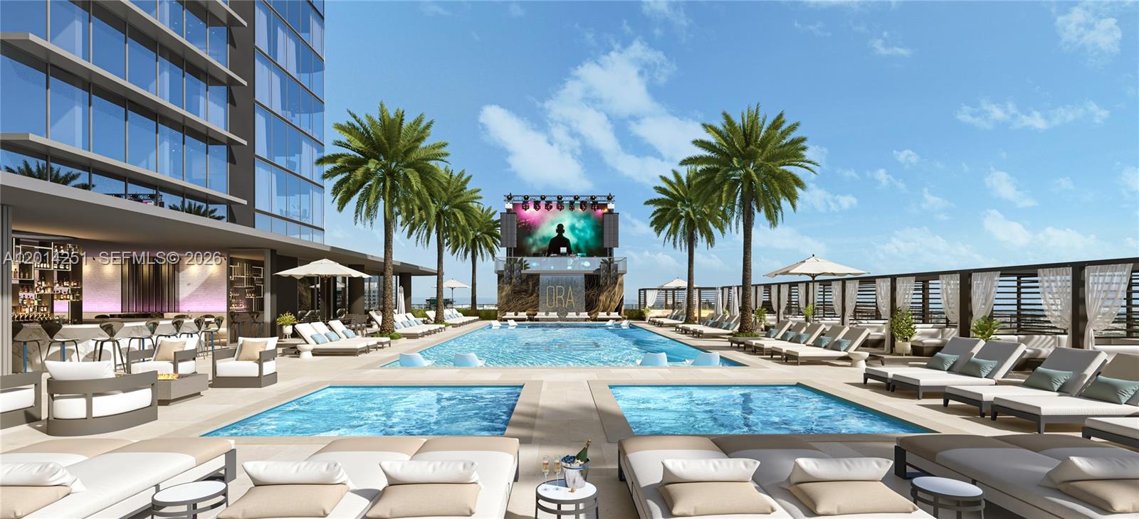 This rendering shows a modern rooftop pool deck with lounge seating and a large screen — 1101 E Jackson St # 1810, Tampa FL 33602, TAMPA, FL