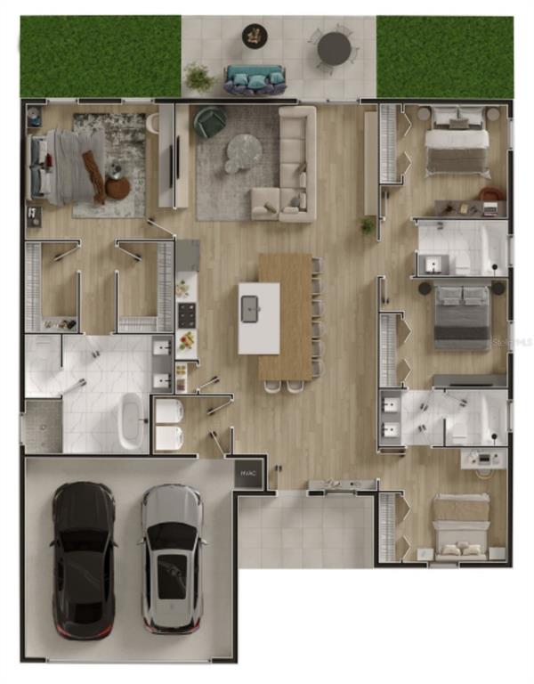 This is a 3D floor plan rendering of a single-story home with a two-car garage — 16915 SW 37TH TERRACE RD, OCALA, FL