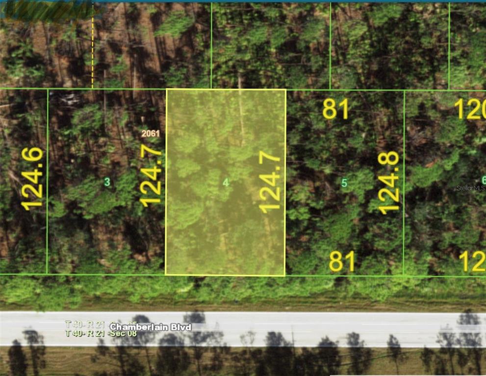 This is a map showing a rectangular parcel of land highlighted in yellow — 13486 CHAMBERLAIN BOULEVARD, PORT CHARLOTTE, FL