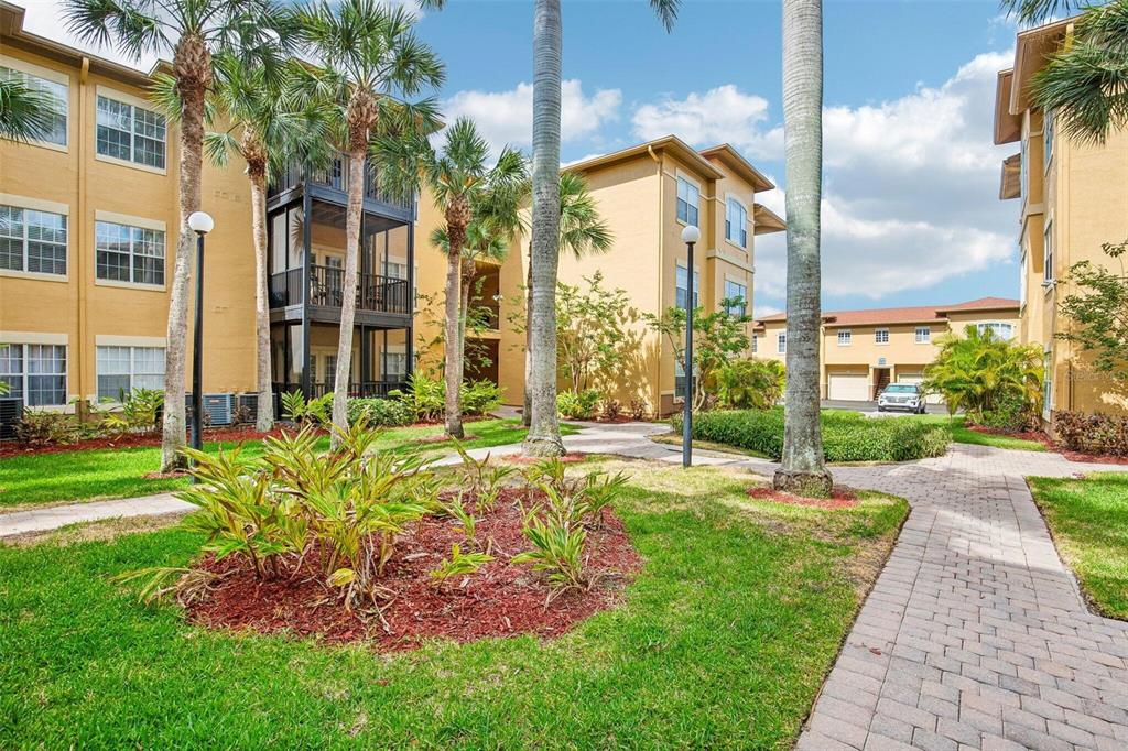 Exterior view of a multi-story apartment building with palm trees and a paved walkway — 4333 BAYSIDE VILLAGE DRIVE UNIT 322, TAMPA, FL