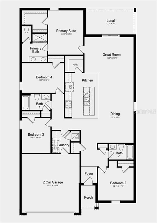 This is a floor plan for a single-story house with four bedrooms and a two-car garage — 6754 EQUINOX LANE, NORTH FORT MYERS, FL