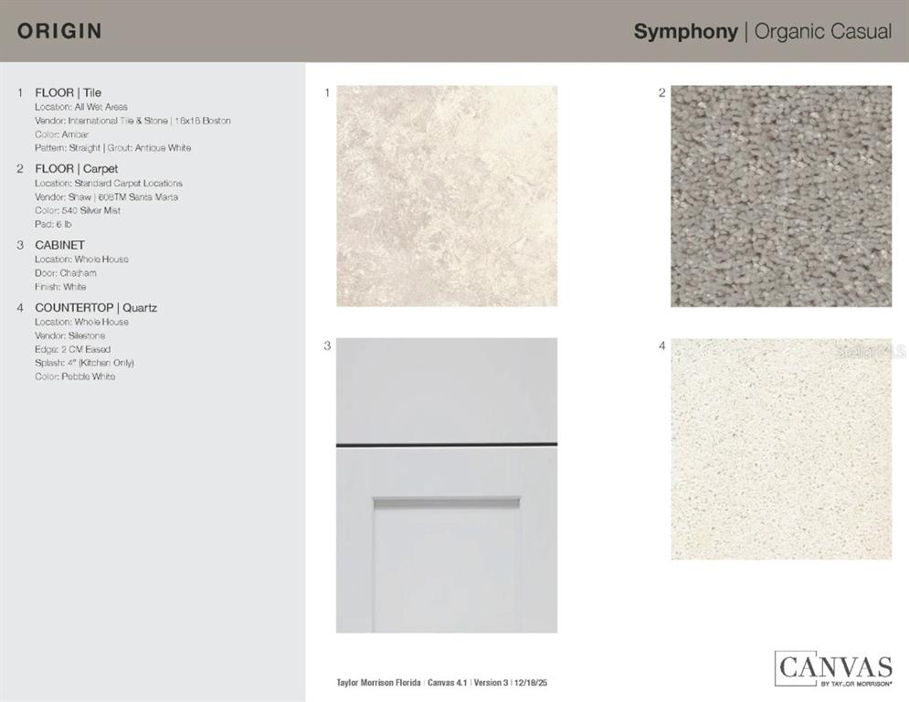 This design board displays material samples for flooring, cabinetry, and quartz countertops in a home — 6754 EQUINOX LANE, NORTH FORT MYERS, FL