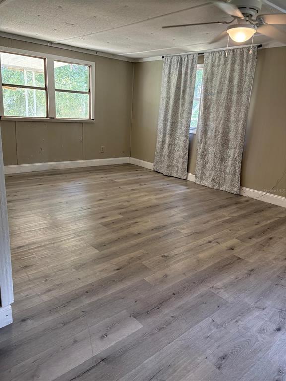 An empty room features light wood-look flooring, tan walls, a ceiling fan, and two windows — 1616 TERRY ROAD, LAKELAND, FL