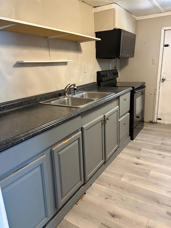 A kitchen features gray cabinets, a dark countertop, a double sink, and a black stove — 1616 TERRY ROAD, LAKELAND, FL