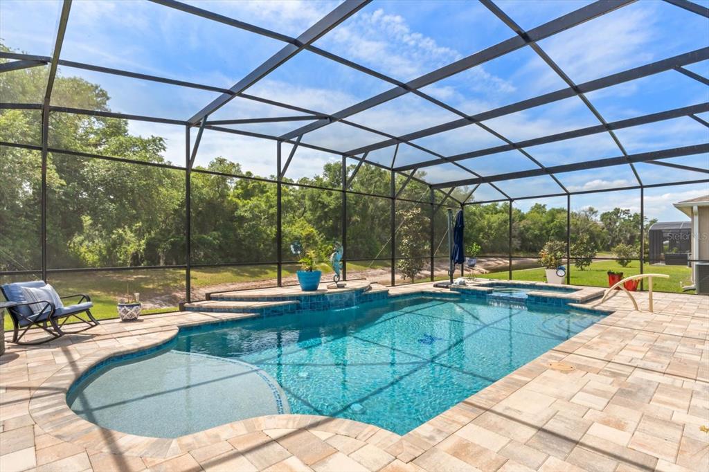 A screened-in swimming pool and spa with a paver patio and surrounding wooded landscape — 10260 SPRING LAKE DRIVE, CLERMONT, FL