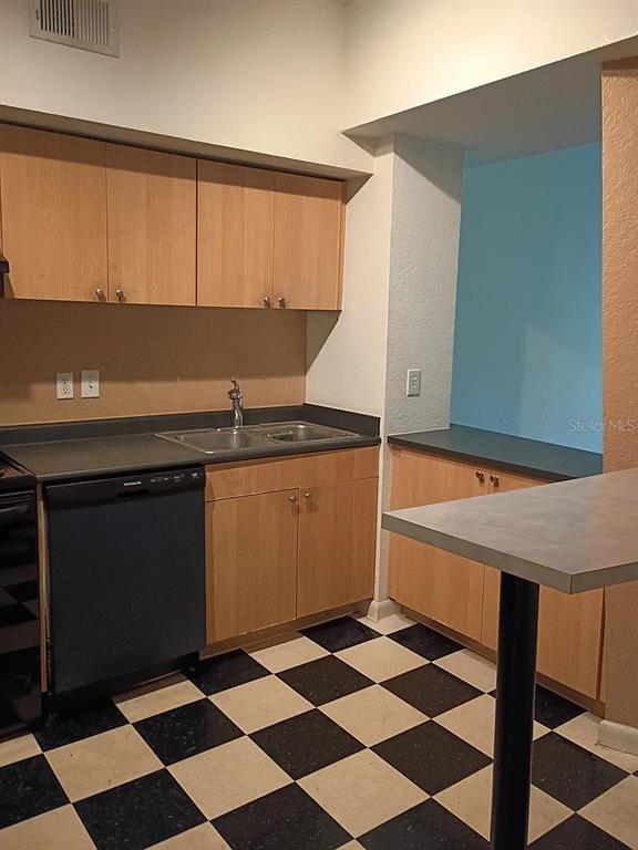 A kitchen features light wood cabinets, a black dishwasher, and a black-and-white checkered floor — 520 ARMENIA AVENUE S UNIT 1234, TAMPA, FL