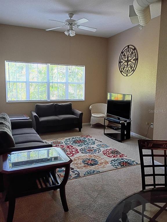 A living room features a dark sofa, a loveseat, a television, and a patterned area rug — 520 ARMENIA AVENUE S UNIT 1234, TAMPA, FL