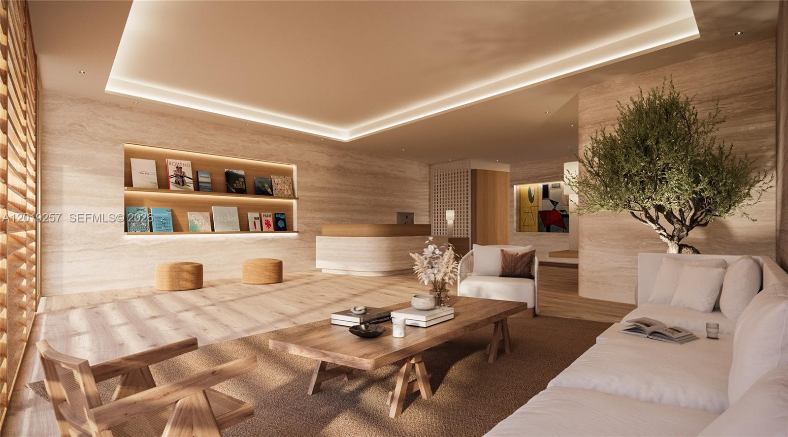 This is a rendering of a modern lobby featuring travertine walls, wood furniture, and lighting — 8800 Collins Ave # 207, Surfside FL 33154, SURFSIDE, FL