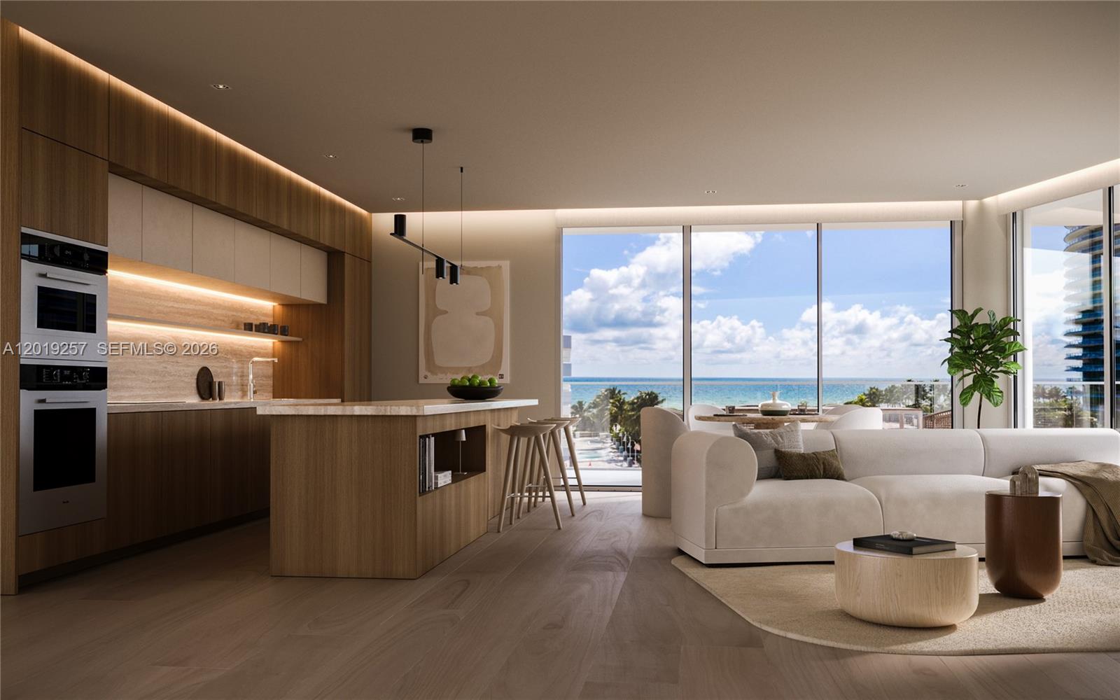 This rendering shows a modern open-concept kitchen and living area with ocean views — 8800 Collins Ave # 207, Surfside FL 33154, SURFSIDE, FL