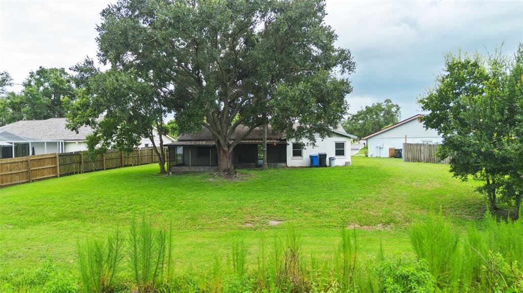 A large tree shades the backyard of a single-story house with a wooden fence — 629 STILLVIEW CIRCLE, BRANDON, FL