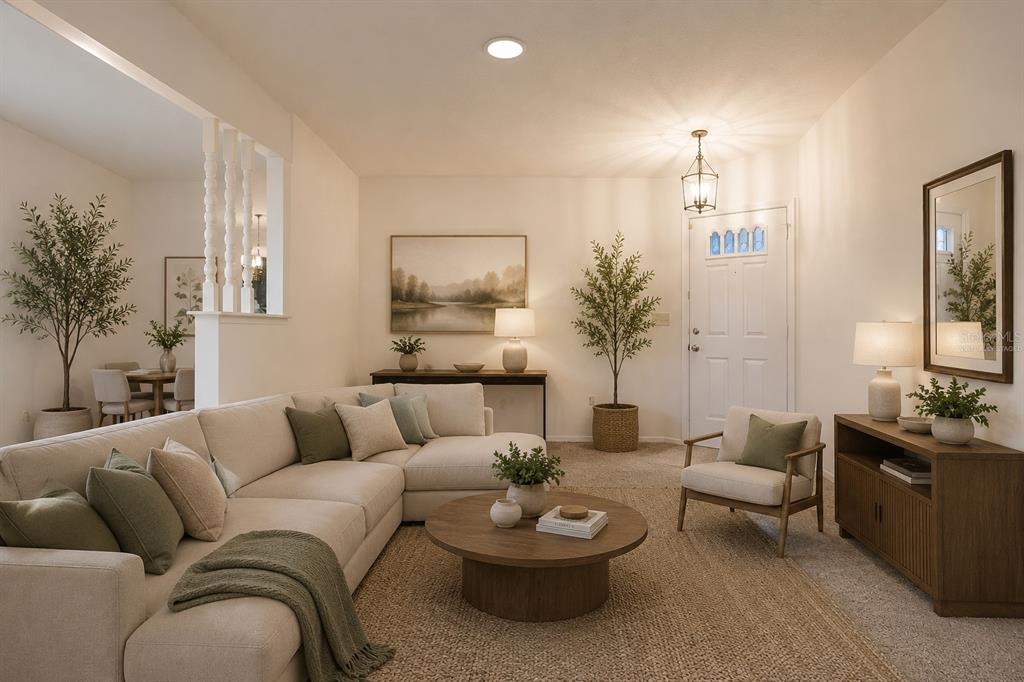 A living room features a beige sectional sofa, a round coffee table, and an entryway door — 4707 WALLINGFORD COURT, NEW PORT RICHEY, FL