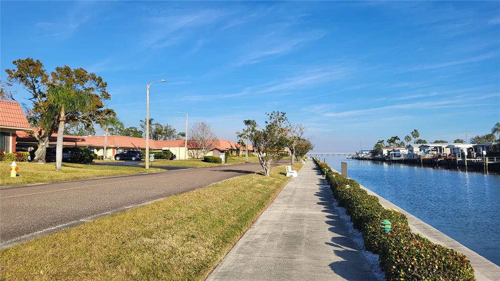 A paved walkway runs alongside a canal lined with residential buildings and palm trees — 19029 US HIGHWAY 19 N UNIT 23C, CLEARWATER, FL