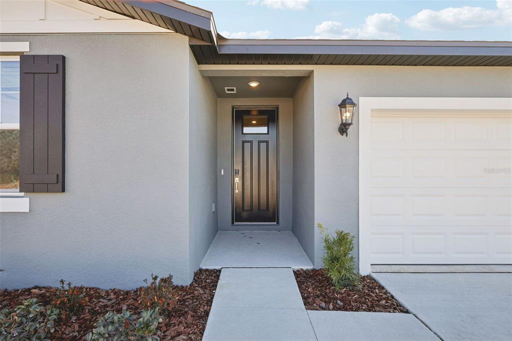 The exterior view shows a gray house with a black front door and garage — 7200 RAY CREEK DRIVE, BROOKSVILLE, FL