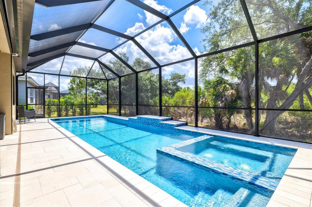 A rectangular swimming pool and spa enclosed by a black metal screen cage — 11909 HUNTERS CREEK ROAD, VENICE, FL