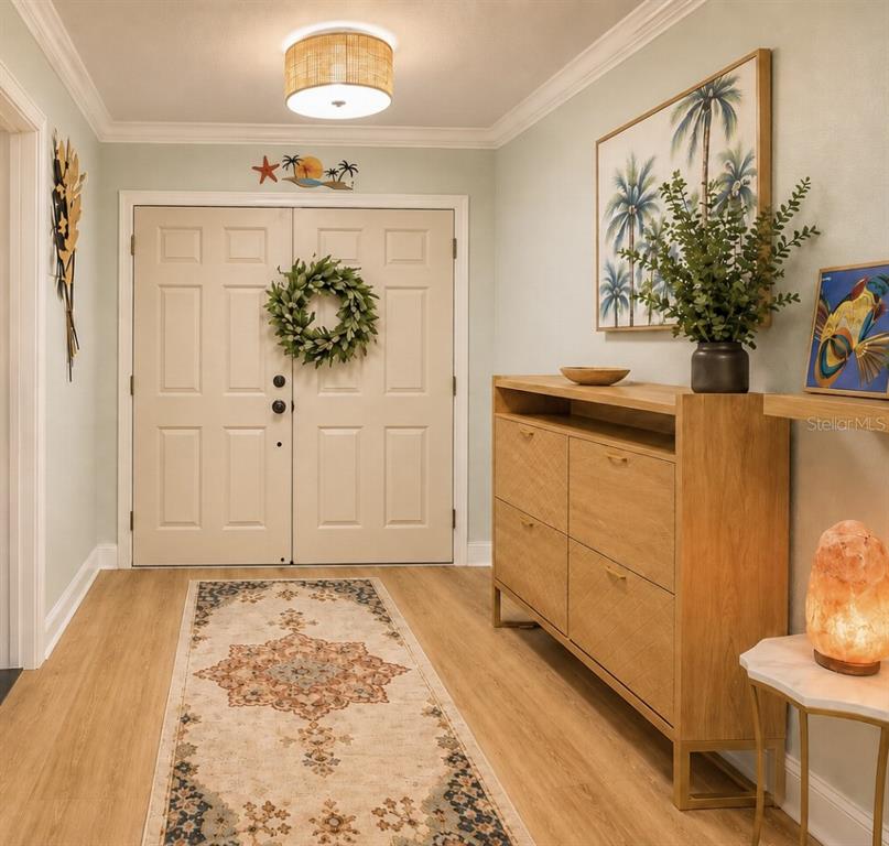 A bright entryway features a light wood console, a patterned rug, and double front doors — 8408 BOULDER PLACE, TAMPA, FL