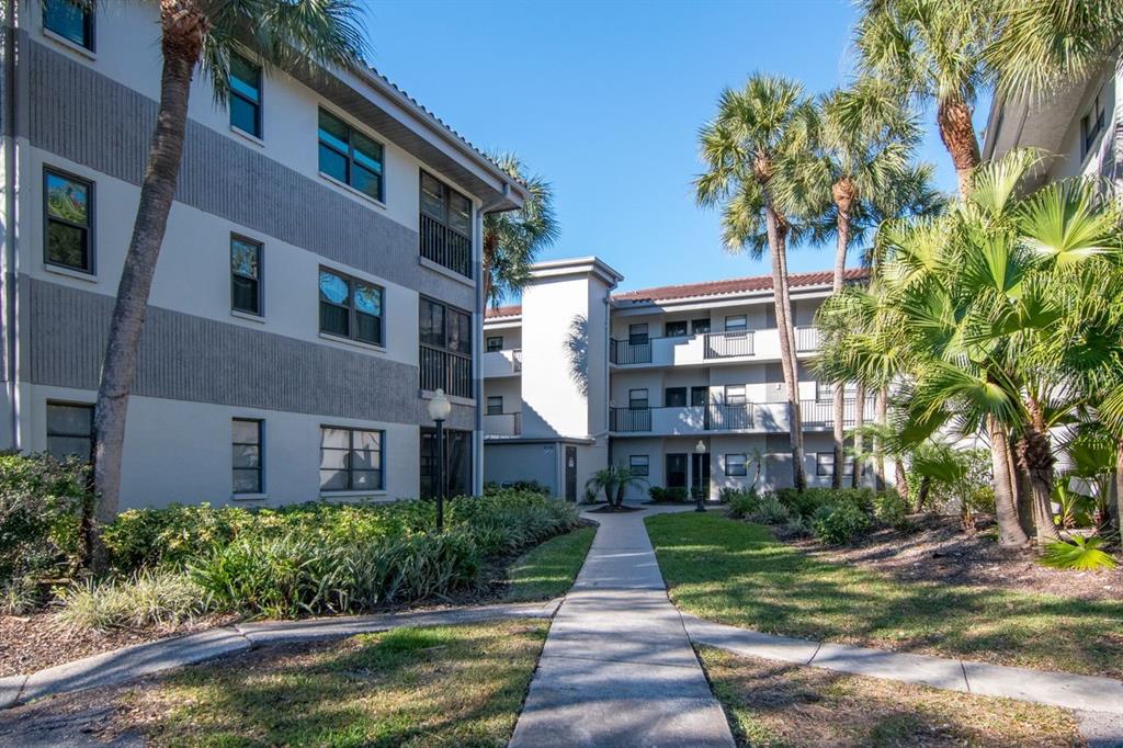 A concrete walkway leads between two multi-story apartment buildings surrounded by palm trees and landscaping — 2650 COUNTRYSIDE BOULEVARD UNIT F303, CLEARWATER, FL