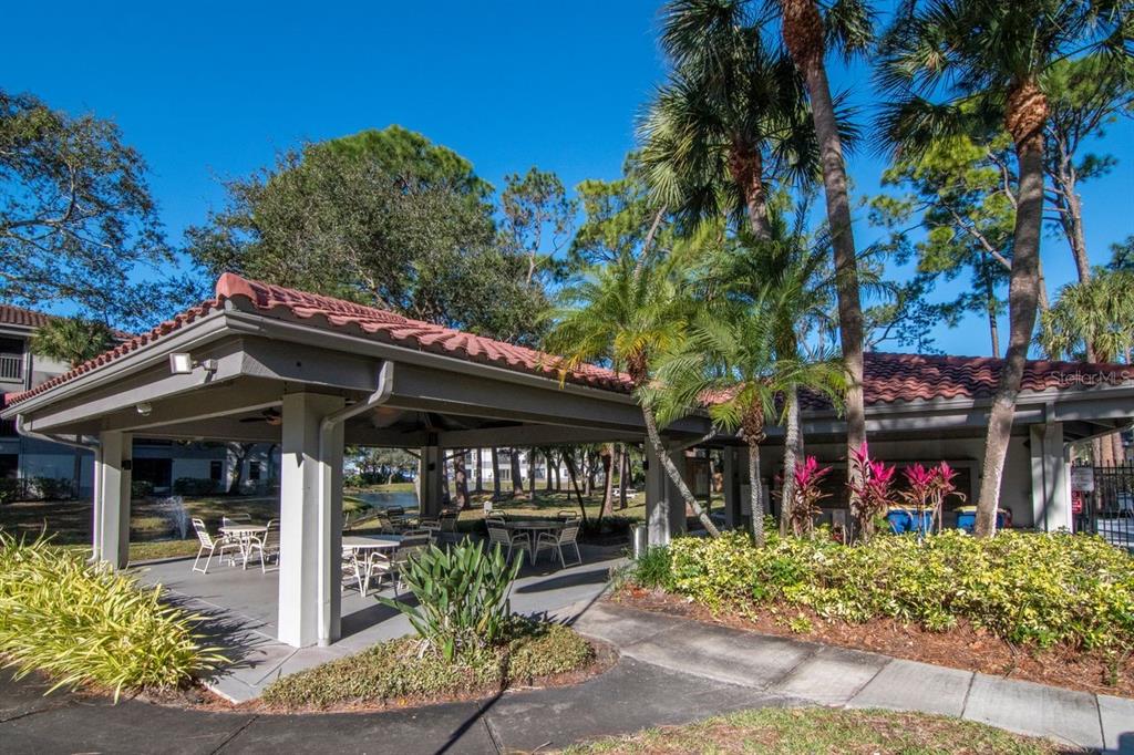 An outdoor covered patio area with tables and chairs surrounded by palm trees and landscaping — 2650 COUNTRYSIDE BOULEVARD UNIT F303, CLEARWATER, FL