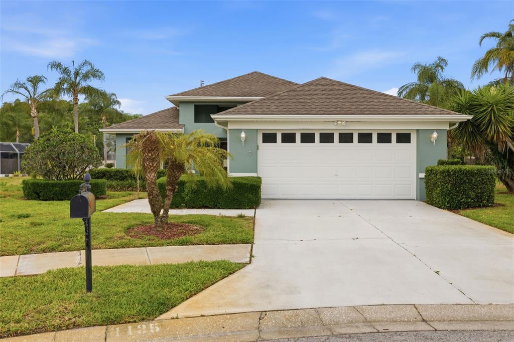 A single-story house with a white garage door, light green siding, and a landscaped yard — 1125 DALESIDE LANE, NEW PORT RICHEY, FL