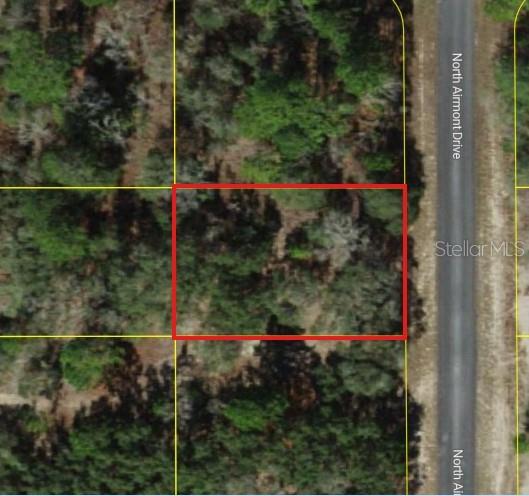 An aerial view shows a rectangular plot of land outlined in red near a road — 6692 N AIRMONT DRIVE, DUNNELLON, FL