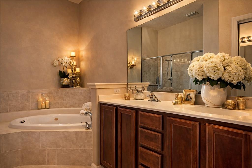 A bathroom features a jetted tub, a double vanity with wood cabinets, and a large mirror — 6002 RENAISSANCE COURT, ST CLOUD, FL