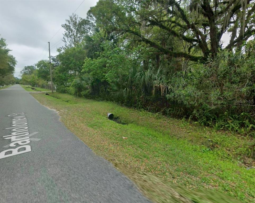 A paved road runs alongside a grassy drainage ditch and a wooded, undeveloped lot — 25232 BARTHOLOMEW STREET, CHRISTMAS, FL