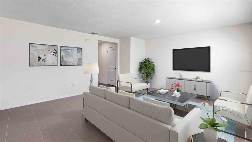This is a digital rendering of a living room with tile floors and modern furniture — 10479 TUCKER ROAD, WEEKI WACHEE, FL