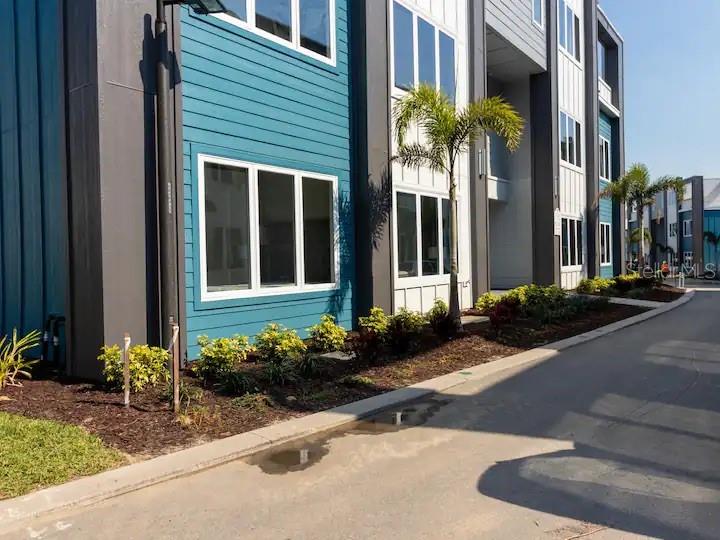 The exterior of a modern apartment building features blue siding, white trim, and a palm tree — 7740 SANDY RIDGE DRIVE UNIT 223, KISSIMMEE, FL