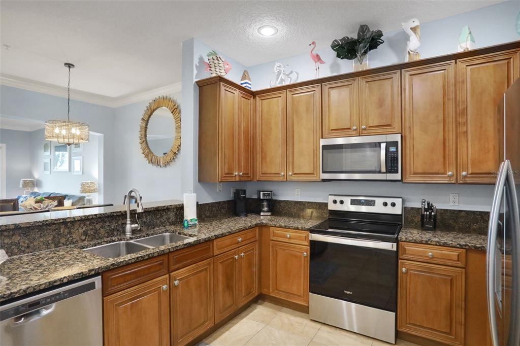 A kitchen features wood cabinets, granite countertops, stainless steel appliances, and light blue walls — 700 CINNAMON BEACH WAY UNIT 624, PALM COAST, FL