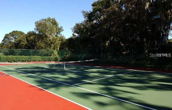 A tennis court with a green surface and red borders surrounded by a chain-link fence — 803 LAKE HAVEN SQUARE UNIT 202, BRANDON, FL