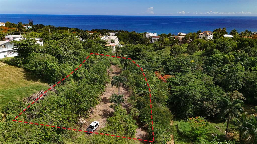 An aerial view shows a vacant, tree-covered lot outlined in red with a parked truck — PUNTAS PARADISE-- CALLE VISTA DEL MAR, RINCON, PR
