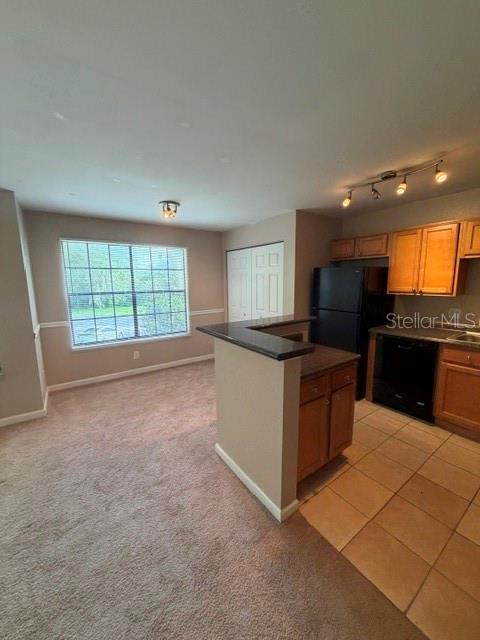 A kitchen with wood cabinets and black appliances opens to a carpeted dining area — 485 FORESTWAY CIRCLE UNIT 205, ALTAMONTE SPRINGS, FL