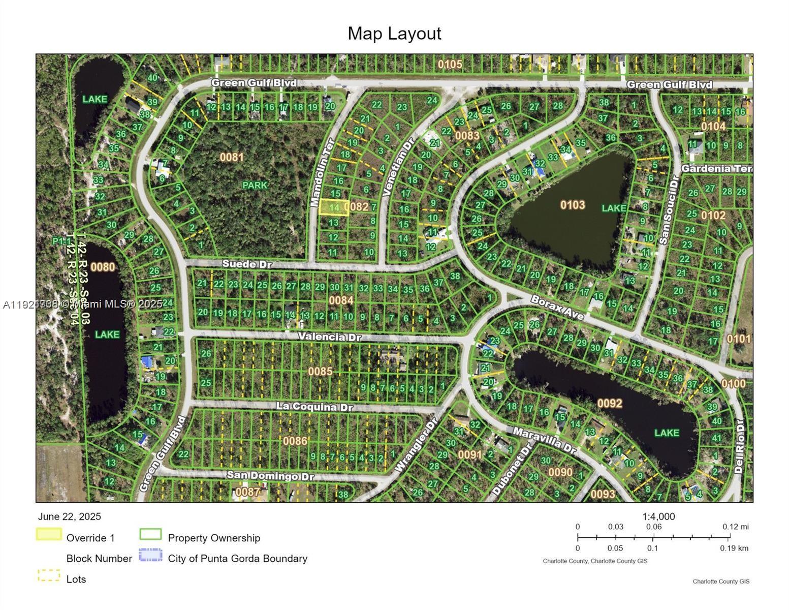 This is a map layout showing residential lots, streets, and lakes in a neighborhood — 12077 MANDOLIN TER, Punta Gorda FL 33955, PUNTA GORDA, FL
