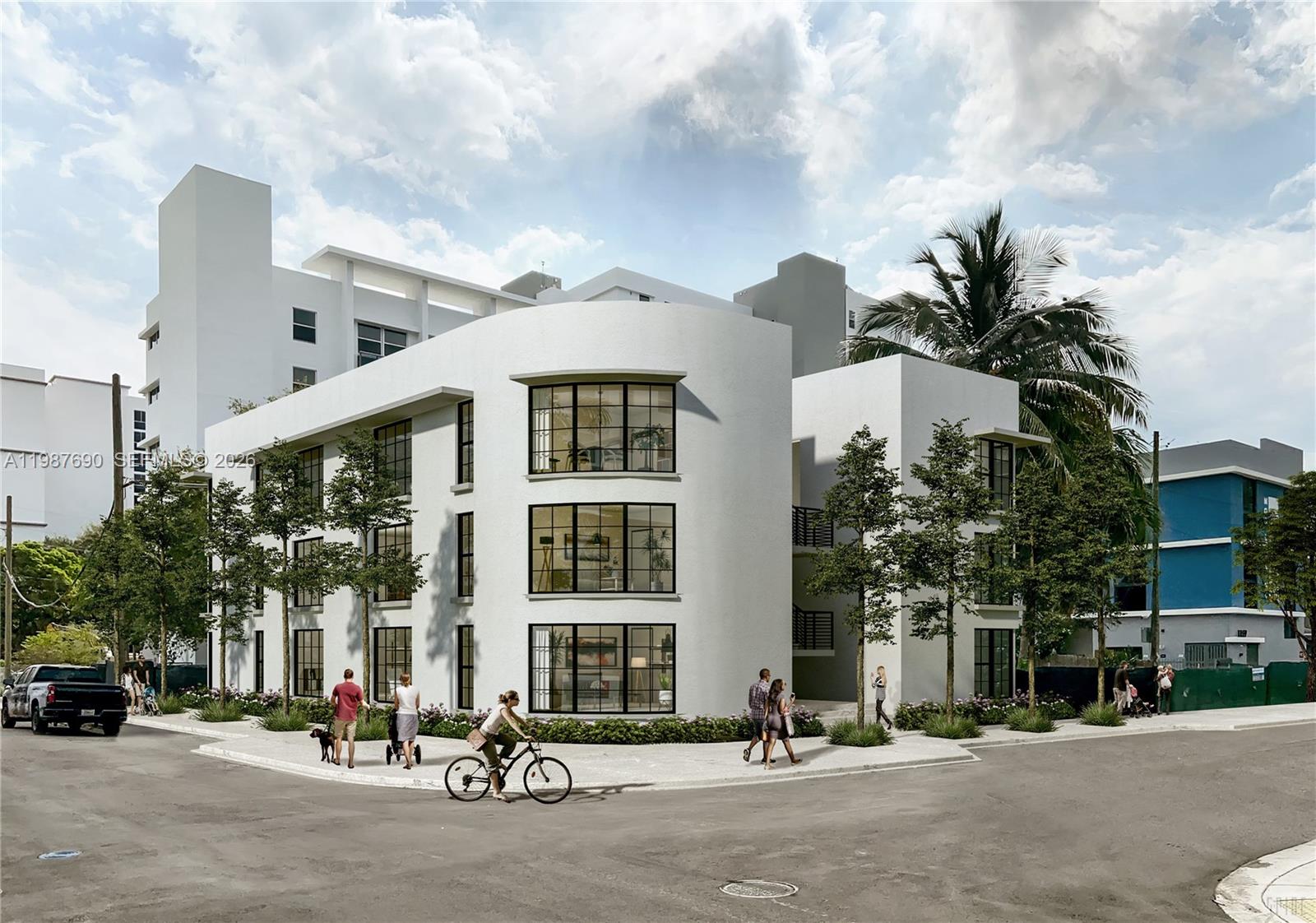 This is a digital rendering of a modern white apartment building on a street corner — 1165 NW 8th Ave # 104, Miami FL 33136, MIAMI, FL
