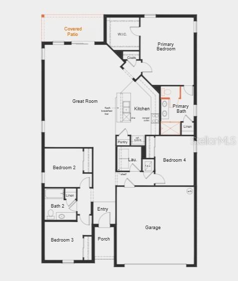This floor plan shows a four-bedroom home with a central kitchen, great room, and garage — 7115 CRUZ COURT, LAKELAND, FL