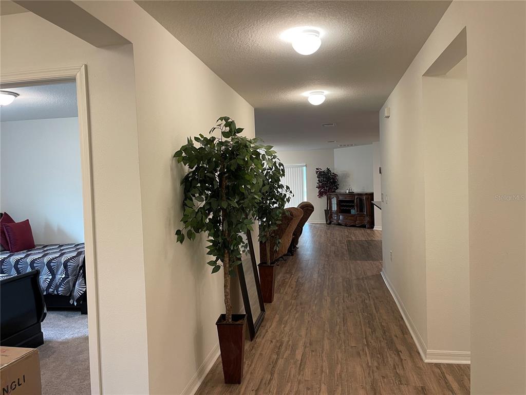 A hallway with wood-look flooring leads from a bedroom entrance toward a living area — 7115 CRUZ COURT, LAKELAND, FL